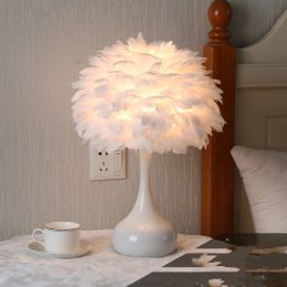 Feather Table Lamp Bedroom Bedside Lamp Nordic Ins (Color: White 9W remote control)