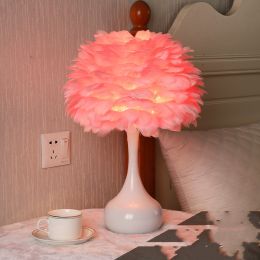 Feather Table Lamp Bedroom Bedside Lamp Nordic Ins (Color: Pink 9W remote control)