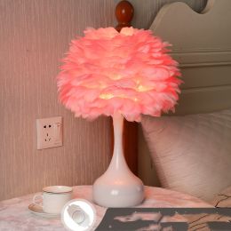 Feather Table Lamp Bedroom Bedside Lamp Nordic Ins (Color: Pink 9W stepless dimming)