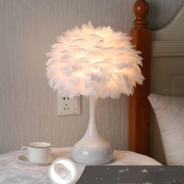 Feather Table Lamp Bedroom Bedside Lamp Nordic Ins (Color: White 9W dimming)