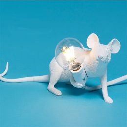 Nordic Creative Mini Animal Mouse Lamp Living Room Dining Room Bedroom Clothing Store Personalized Eye Protection Gift Resin Table Lamp (style-power: Prone position-UK, Color: White)