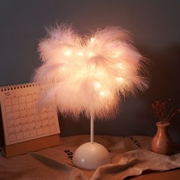 Feather Lamp Nordic Desk Lamp European-Style Bedroom Bedside Feather Table Lamp Night Light Table Lamp Decoration Modern (Color: Pink Battery)