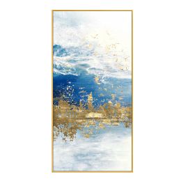 100% Handmade Modern Abstract Gold foil lines Blue Canvas Art Paintings For Living Room Bedroom Posters  Wall Poster Home Decor (size: 40x80cm)