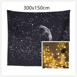 Constellation Tapestry Fantasy Starry Sky Blanket Galaxy Space Pattern towel Wall Hanging Cloth Bedspread Bedroom Decoration (size: 300X150cm 6m usb light)