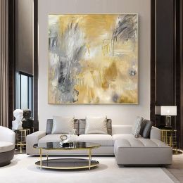 Yellow Gray Hand Painted Abstract Oil Canvas Painting Gold Wall Art Picture For Living Room Bedroom Home Decor (size: 90x90cm)