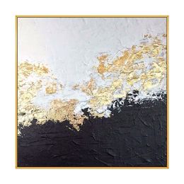 Top Selling Handmade Abstract Oil Painting Wall Art Modern Minimalist White and Black Gold Foil Canvas Home Decor For Living Room Bedroom No Frame (size: 80x80cm)