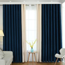 Factory direct stitching simple solid chenille curtain high shading curtain finished living room bedroom curtains (Color: Dark Blue, style: Machining)