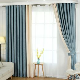 Factory direct stitching simple solid chenille curtain high shading curtain finished living room bedroom curtains (Color: Light Blue, style: Cloth zero shear)