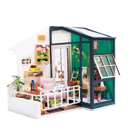 Robotime DIY Studio Bedroom Dining Room House with Furniture Children Adult Doll House Miniature Dollhouse Wooden Kits Toy DGM (SKU: DGM05 Fancy Balcony)