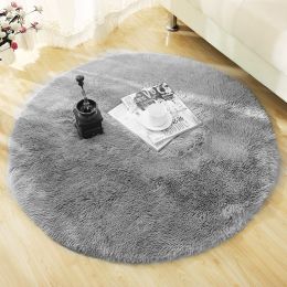 Fluffy Round Rug Carpets for Living Room Decor Faux Fur Carpet Kids Room Long Plush Rugs for Bedroom Shaggy Area Rug Modern Mat (China) (Color: Gray, size: 120cm)