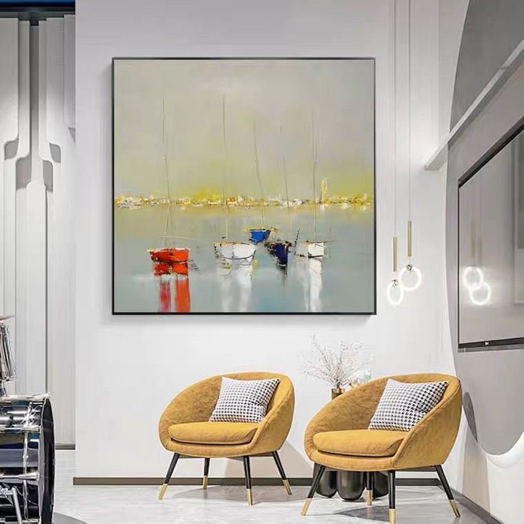 Ocean Wall Art Canvas Oil Painting Sunrise Bathroom Handmade Boat Landscape Posters Picture for Bedroom Beach House Decor Ocean Wall Art Canvas Oil Painting Sunrise Bathroom Handmade Boat Landscape Posters Picture for Bedroom Beach House Decor