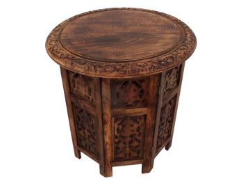 Wooden Hand Carved Folding Accent Coffee Table, Brown (SKU: UPT-148946)