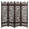 Handcrafted Wooden 4 Panel Room Divider Screen Featuring Lotus Pattern-Reversible