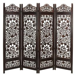 Handcrafted Wooden 4 Panel Room Divider Screen Featuring Lotus Pattern-Reversible (SKU: UPT-176789)