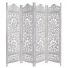 Handcrafted Wooden 4 Panel Room Divider Screen Featuring Lotus Pattern-Reversible