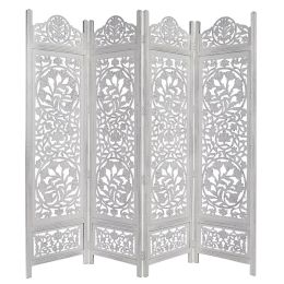 Handcrafted Wooden 4 Panel Room Divider Screen Featuring Lotus Pattern-Reversible (SKU: UPT-176788)