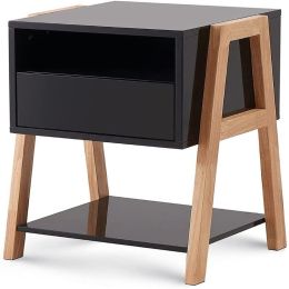 Modern Open Shelves Solid Wood Legs Nightstand (Color: Black, Type: Nightstand)