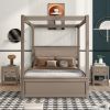 Full Size Wood Canopy Bed with Trundle Bed and Two Nightstands, Bedroom Set - Brushed