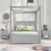 Full Size Wood Canopy Bed with Trundle Bed and Two Nightstands, Bedroom Set - Brushed