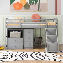 Twin Size Loft Bed with Multifunctional Movable Built-in Desk and and Staircase (Color: Gray)