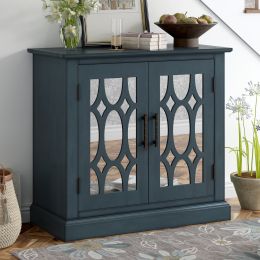 Accent Storage Cabinet Wooden Cabinet with Decorative Mirror Door, Modern Sideboard for Entryway, Living Room, Bedroom (Color: Blue)