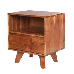 DunaWest 22 Inch Acacia Wood Bedside Table, 1 Drawer, 1 Cubby, Grain Details, Warm Brown (Default: Default)