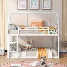 Twin over Twin House Bunk Bed with Built-in Ladder,White (Color: White)