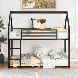 Twin over Twin House Bunk Bed with Built-in Ladder,White (Color: Black)