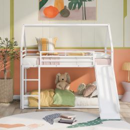 Twin over Twin House Bunk Bed with Ladder and Slide (Color: White)