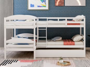 Twin L-Shaped Bunk bed with Trundle (Color: White)