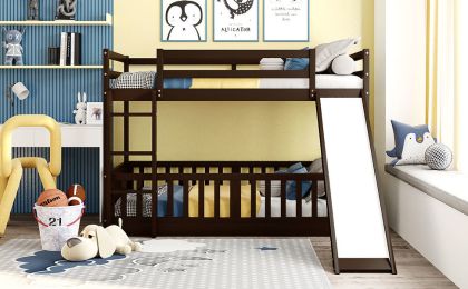 Twin Over Twin Bunk Bed with Slide and Ladder (Color: Espresso)