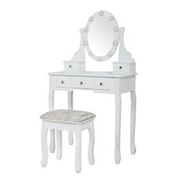 Five-drawer round mirror dresser - with LED lights (Color: White)