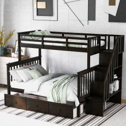 Stairway Twin-Over-Full Bunk Bed with Drawer, Storage and Guard Rail for Bedroom, Dorm, for Adults (Color: LT000219AAP)