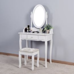 Vanity Table Set with Rotatable Oval Mirror and Cushioned Stool, Modern Makeup Bedroom Dressing Table with a Drawer for Girls Woman,White 31.5x15.75x5 (Color: as pic)