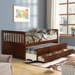 Captain's Bed Twin Daybed with Trundle Bed and Storage Drawers, White (Color: Walnut)