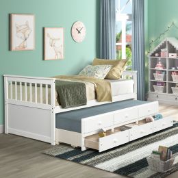 Captain's Bed Twin Daybed with Trundle Bed and Storage Drawers, White (Color: White)