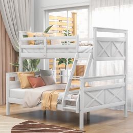 Twin over Full Bunk Bed with ladder, Safety Guardrail, Perfect for Bedroom, Gray (Color: White)