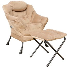 Accent Chair Lazy Reclining Leisure Chair with Removable Metal Legs and High-Density Foam, Comfy Upholstered Single Sofa Chair With Ottoman for Living (Color: Beige)