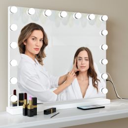 Vanity Mirror with Lights, Hollywood Lighted Makeup Mirror, Bedroom Vanity Mirror with17pcs Light Smart Touch Control 3Colors Dimmable Light ,USB Outl (Color: White)