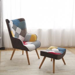 Chair and Ottoman, Accent Chairs for Bedroom, Modern Colourful and Patchwork Reading Chair with Solid Wood Legs, Linen Fabric Napping Armchair for Liv (Color: Multicolor)