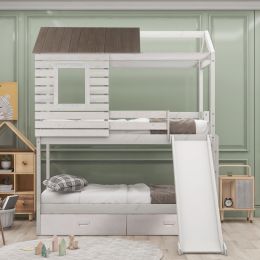 Twin Over Twin Bunk Bed with Two Storage Drawers and Slide, House-Shaped Wood Bunk Bed (Color: White)