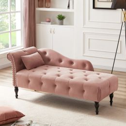 60.6" Velvet Chaise Lounge with Nailhead Trimmed and Buttons Tufted,Tufted Long Lounger with Solid Wood Legs and1 Pillow (Color: Rose)