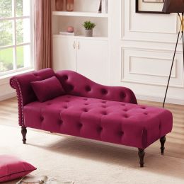 60.6" Velvet Chaise Lounge with Nailhead Trimmed and Buttons Tufted,Tufted Long Lounger with Solid Wood Legs and1 Pillow (Color: Burgundy)