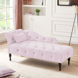 60.6" Velvet Chaise Lounge with Nailhead Trimmed and Buttons Tufted,Tufted Long Lounger with Solid Wood Legs and1 Pillow (Color: Light Pink)