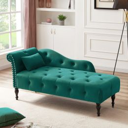 60.6" Velvet Chaise Lounge with Nailhead Trimmed and Buttons Tufted,Tufted Long Lounger with Solid Wood Legs and1 Pillow (Color: Green)