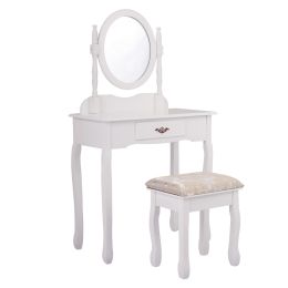 Vanity Table and Chair Set, Makeup Dressing Table with Mirror and Large Drawer, Thick Padded Stool - White (Color: White)