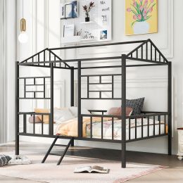 Metal House Bed Frame Full Size with Slatted Support No Box Spring Needed (Color: Black)