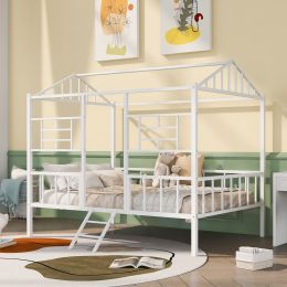 Metal House Bed Frame Full Size with Slatted Support No Box Spring Needed (Color: White)