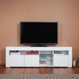 Morden TV Stand with LED Lights, High Glossy Front TV Cabinet,TV Bench up to 63 Inches for Living Room, Bedroom (Color: White, material: Particle Board)