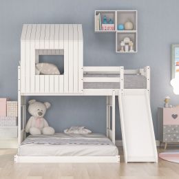 Wooden Twin Over Full Bunk Bed, Loft Bed with Playhouse, Farmhouse, Ladder, Slide and Guardrails (Color: White)